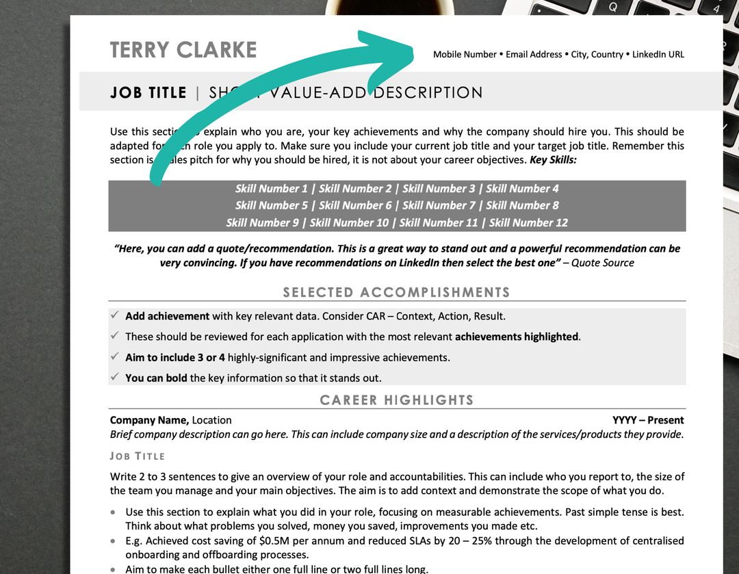 An modern executive CV template in grey