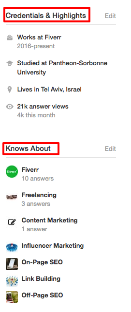 quora credentials sidebar