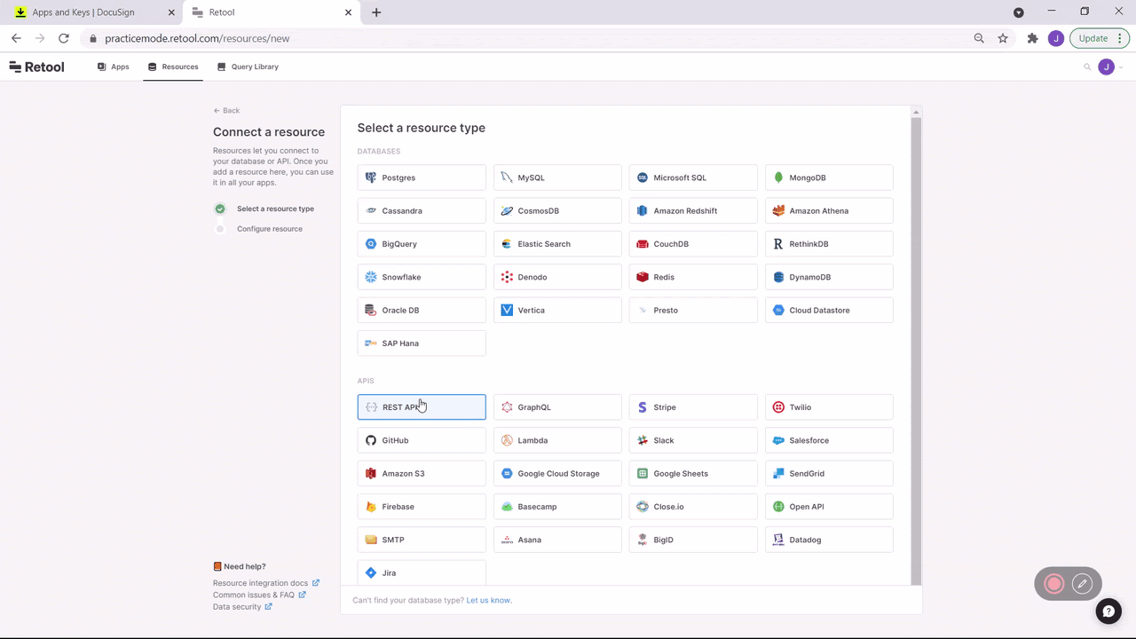 Gif showing where to put the Docusign authentication info in the Retool resource