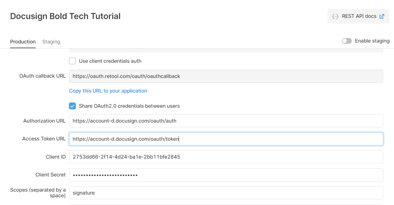 Image showing the Retool resource with the tokens inserted