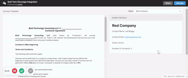 Gif showing Docusign app in Retool which pulls in contracts according to the client selected by a dropdown