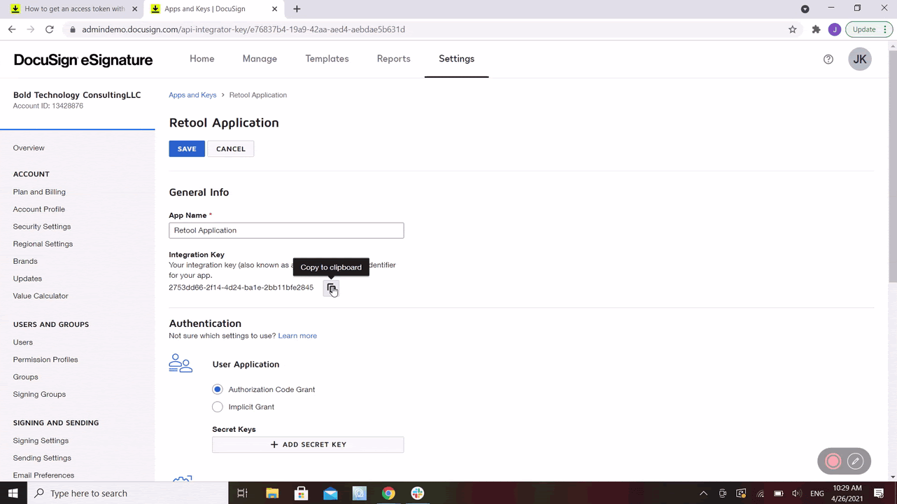 Gif showing where to copy the integration key and secret keys in Docusign Developer