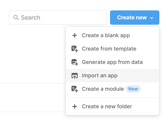 Dropdown menu within Retool, showing where to 'import an app'