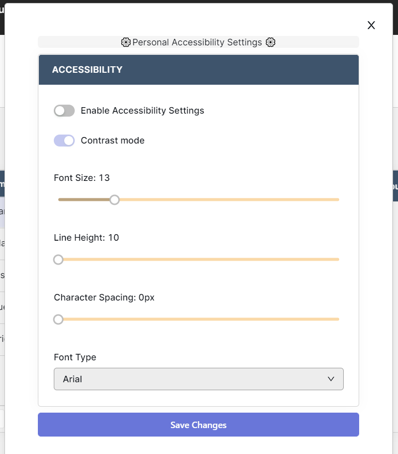 Settings modal within Retool, which allows users to enable settings, set contrast mode, change font size, type, height and spacing