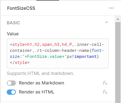 CSS in a text component to control font size