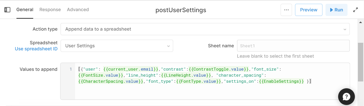 POST query for Google sheets, connecting the settings modal