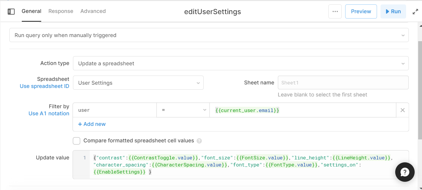 edit query for Google sheets, showing the user settings columns