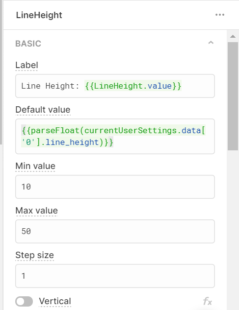 Retool component settings for line height slider