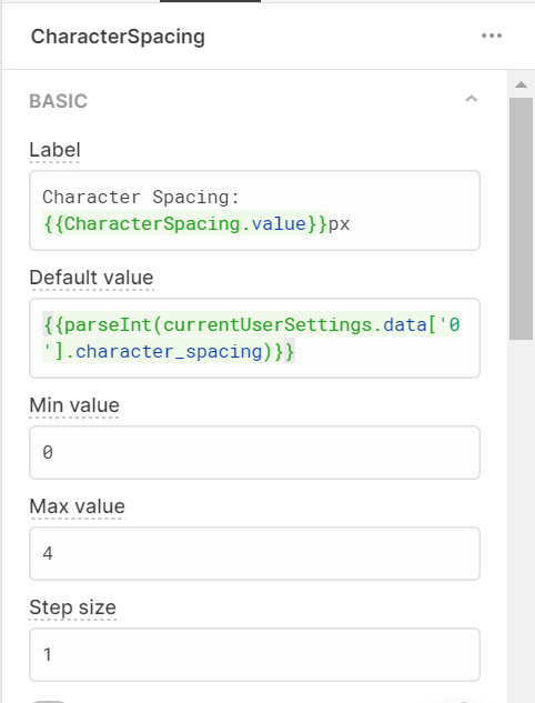 Retool component settings for character spacing slider