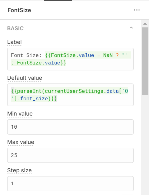 Retool component settings for font size slider