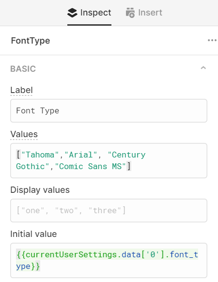 Retool component settings for font type slider