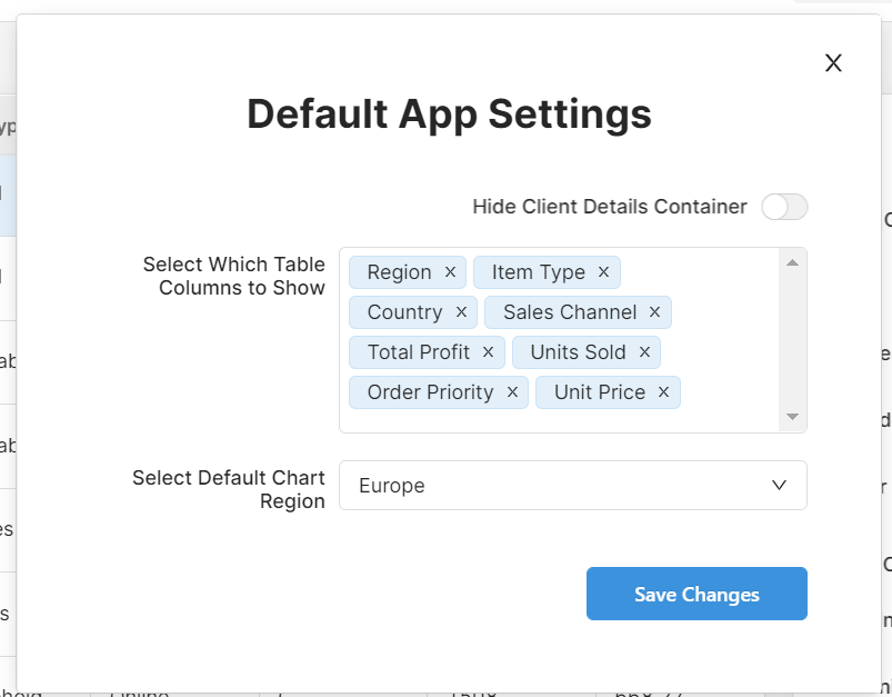 Settings in the app, a toggle for hiding a container, a multiselect with column header names, and a dropdown with regions 