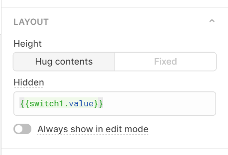 Retool settings, showing the code in the hidden value