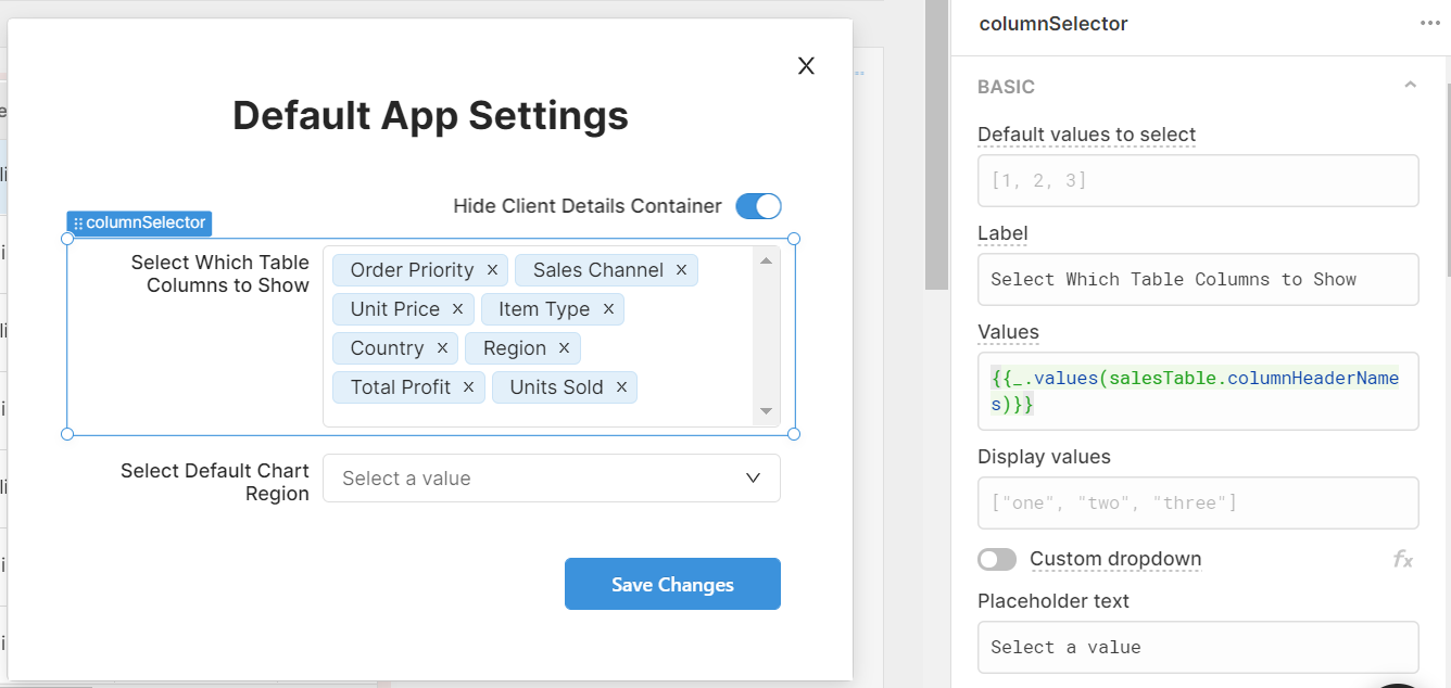 Settings showing a multiselect settings and the values reference