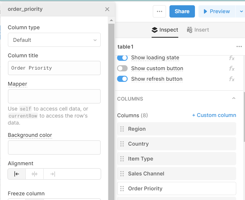 Table component settings showing column settings