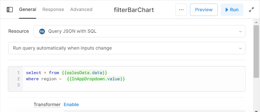 Screenshot of the SQL filter for the bar chart