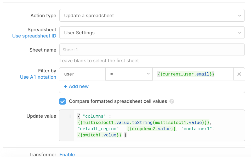 Query settings for an edit query to Google sheets 