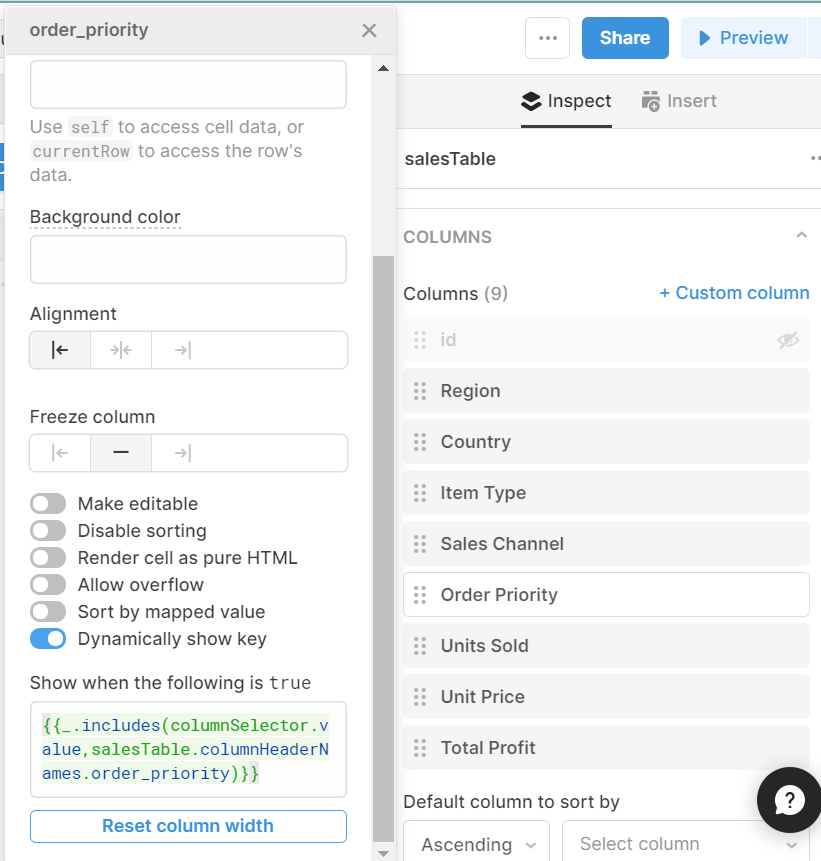 Table component settings in Retool showing the column headers