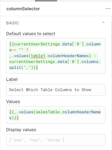 default values for the multi select component