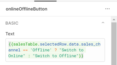 text value for the online/offline button showing a ternary which switches based on backend data