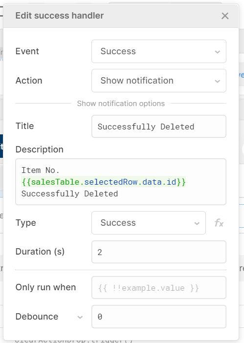 success handler which triggers a 'successfully deleted' notification on success