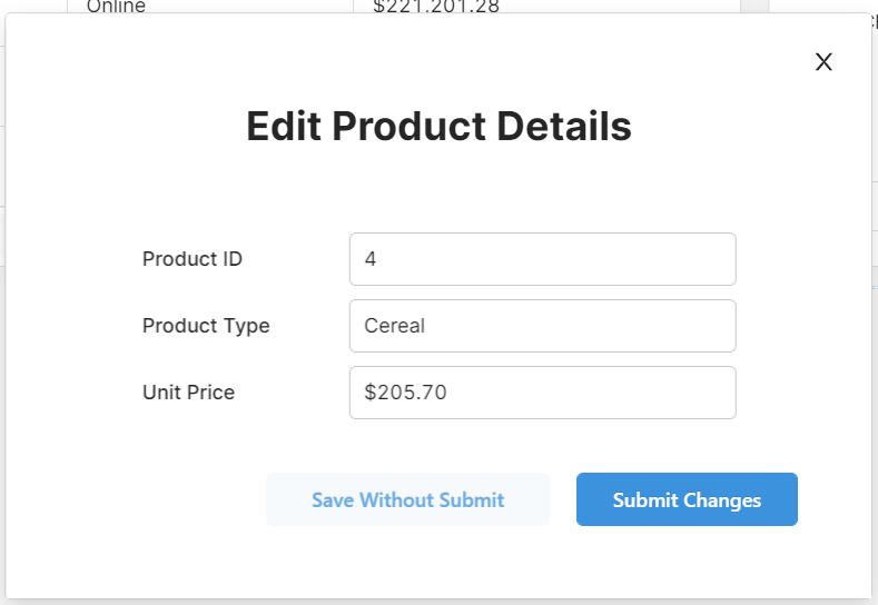 a modal showing edit details text inputs and two buttons, one says 'save without submit' and one says 'submit changes' in inverted colors