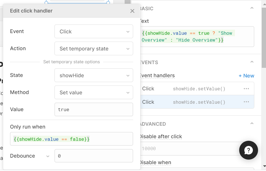 click handler for show/hide button which switches temp state