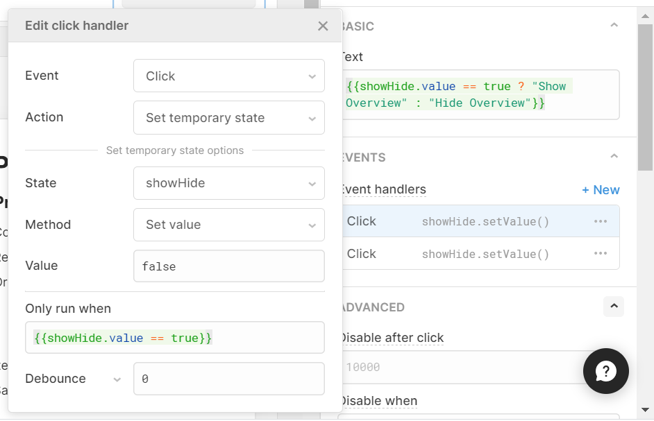 click handler for show/hide button which switches temp state