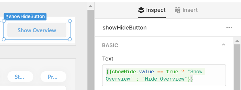 show overview button settings - text switches from show to hide using a ternary