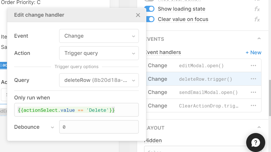 dropdown click handler sets query on click 