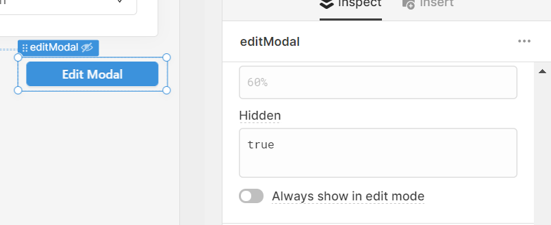 edit modal button settings, hidden when true