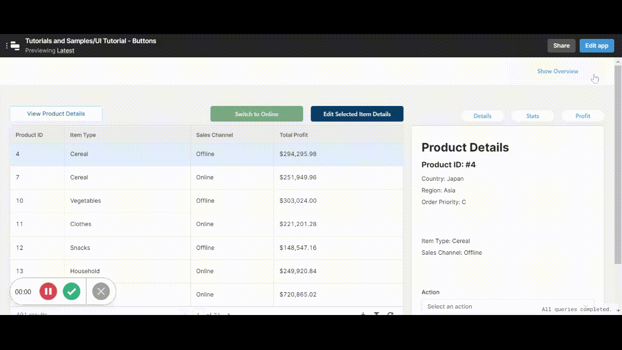 gif showing 'overview' drop down - on click the header expands to show two cards with stats on