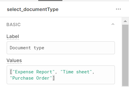 values available in 'document type' dropdown