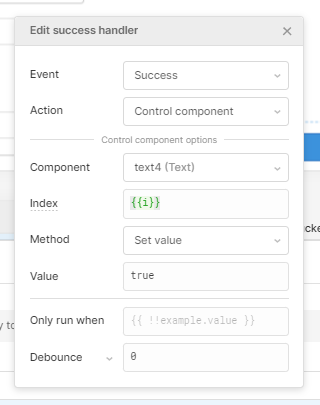 success handler to set text component value to true