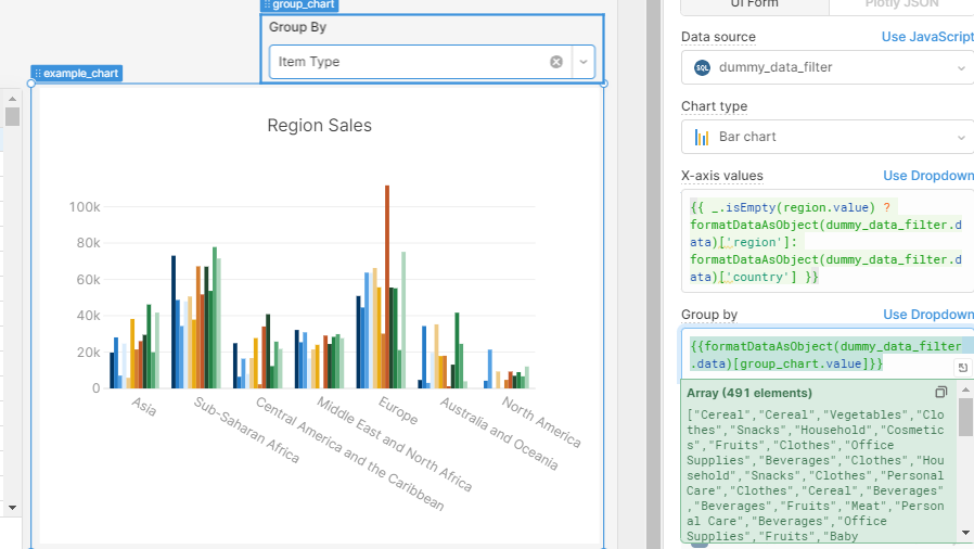 settings for the chart, linking grouping to dropdown and data to table