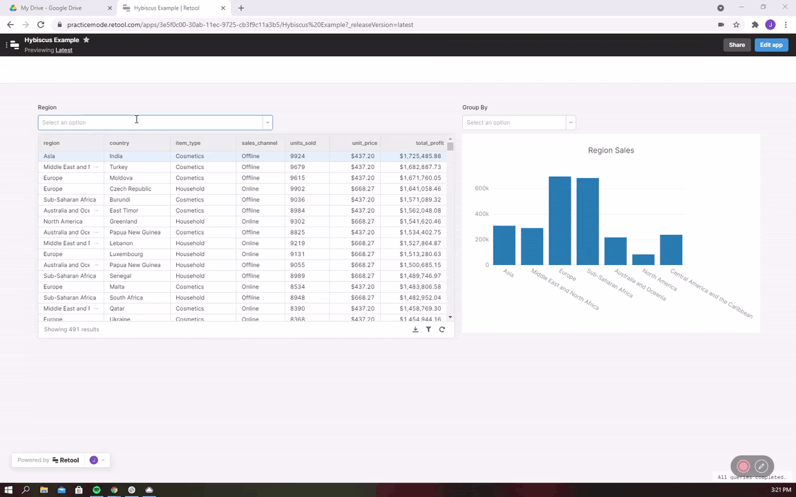 gif showing a table next to a chart with various dropdown filters to adjust data