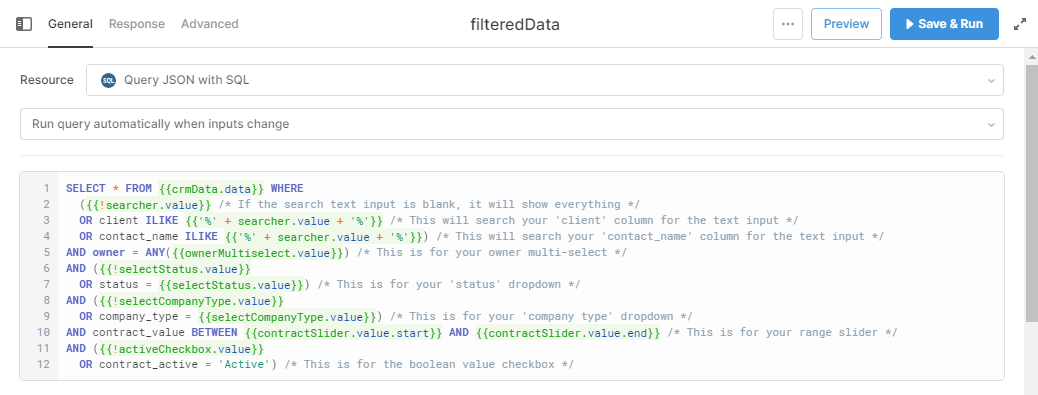 a block of SQL code allowing the user to filter data to the front end using the filter container