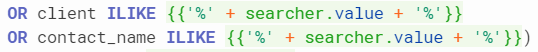 sql code to search according to two different columns using ilike