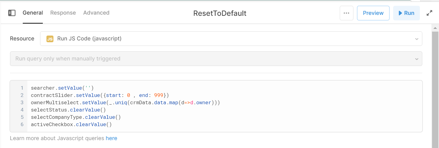 JS for setting the components to default values