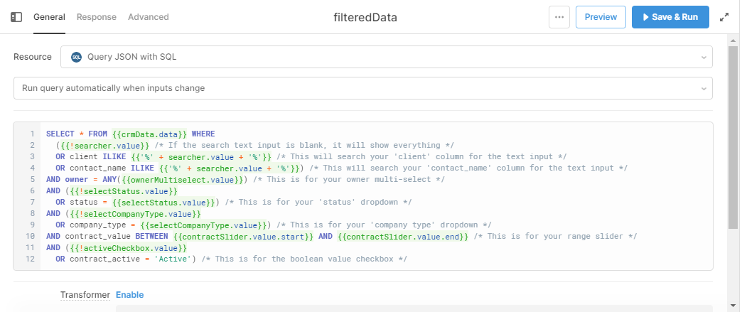 the full sql query to search by all components in the filter container 