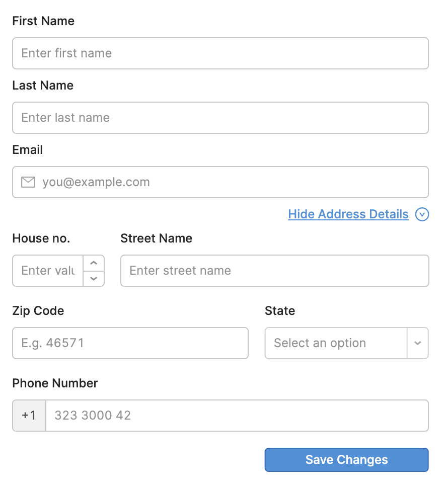 A form with top-aligned labels and clear placeholder text