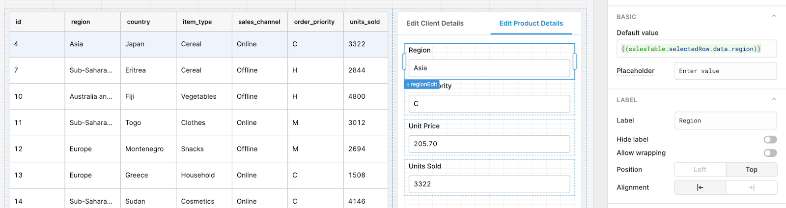 selected row auto-filling values