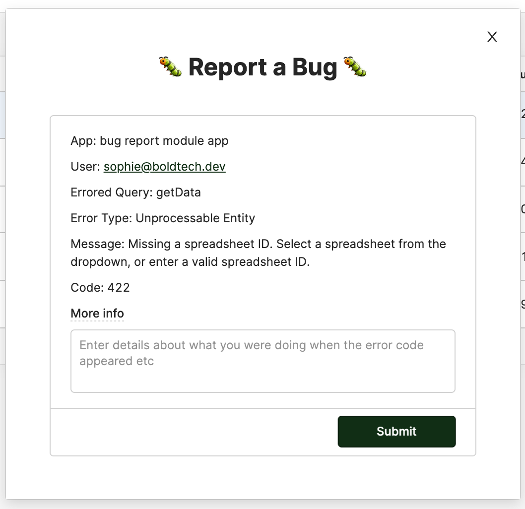 Bug report modal populated with error response