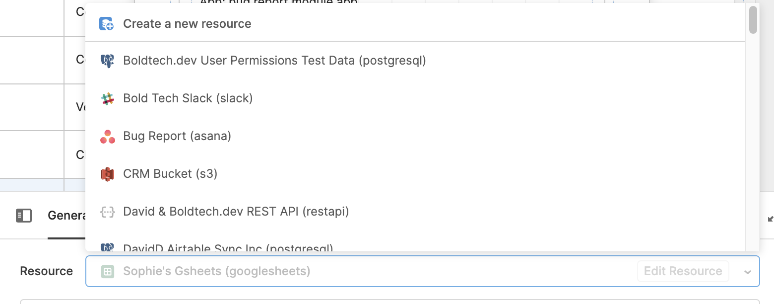 Resource list in Retool