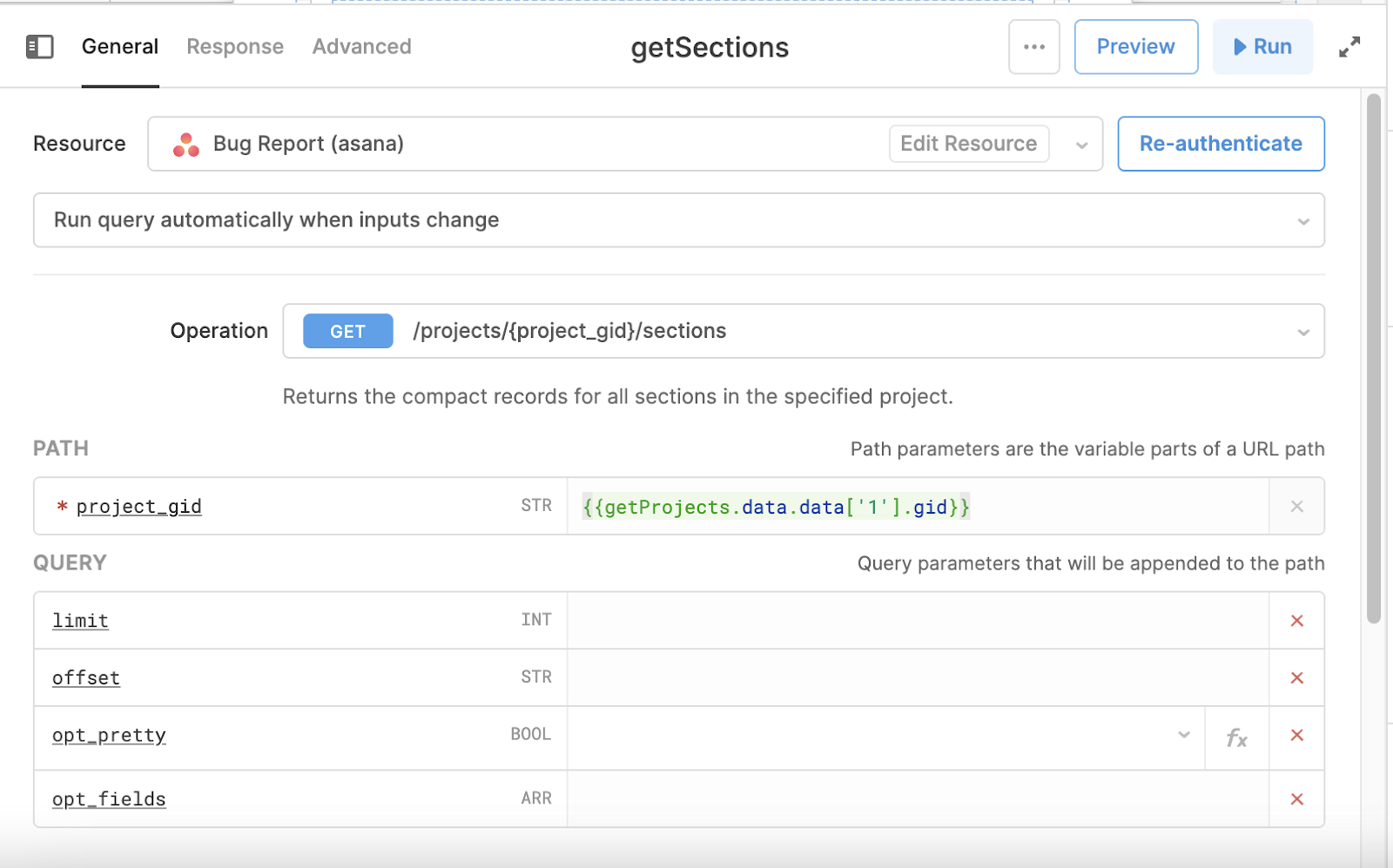 get sections asana query in retool