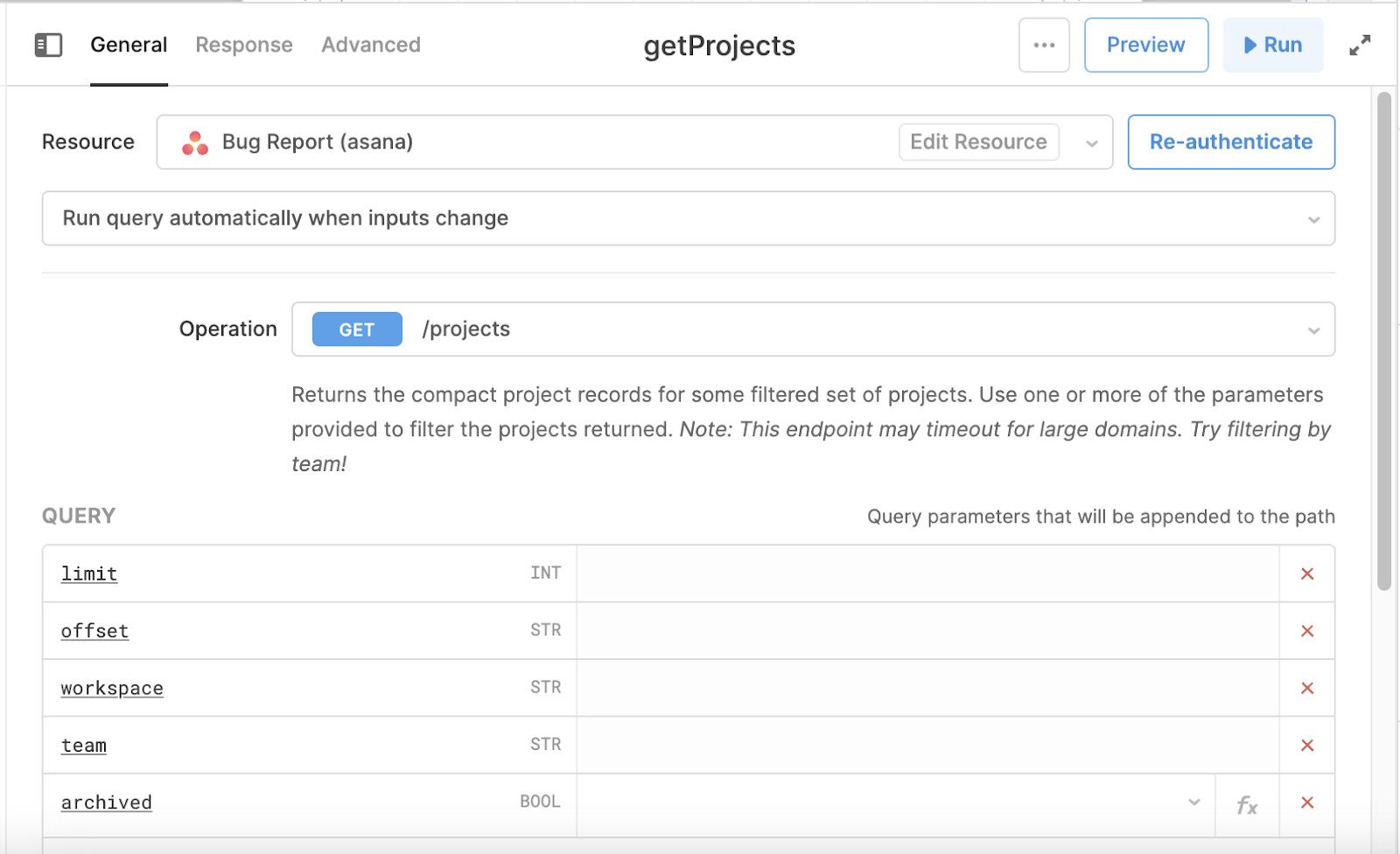 get projects asana query in retool