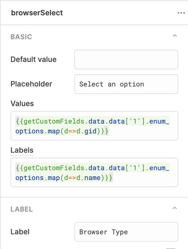 mapped fields for a select dropdown