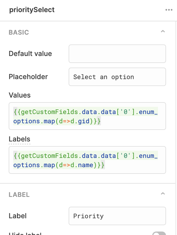 mapped fields for a select dropdown