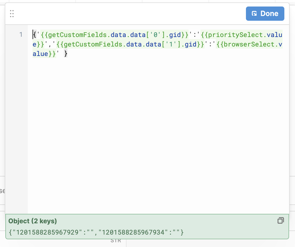 JSON object defining custom fields in asana