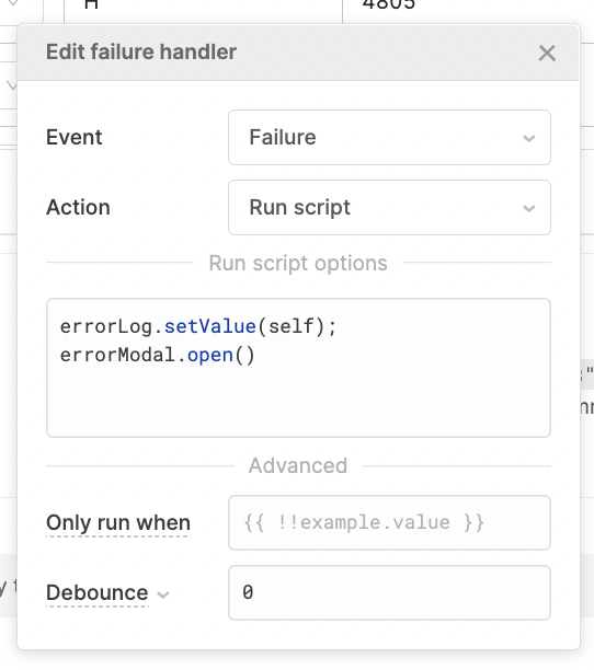 error log modal open event handler in retool